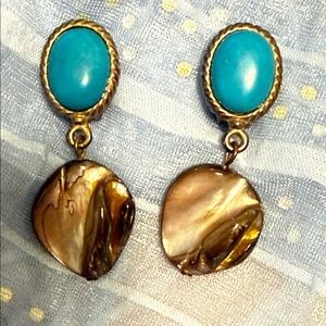 Vintage Clip-on Earrings with Turquoise Cabochons & Iridescent Shell Drops